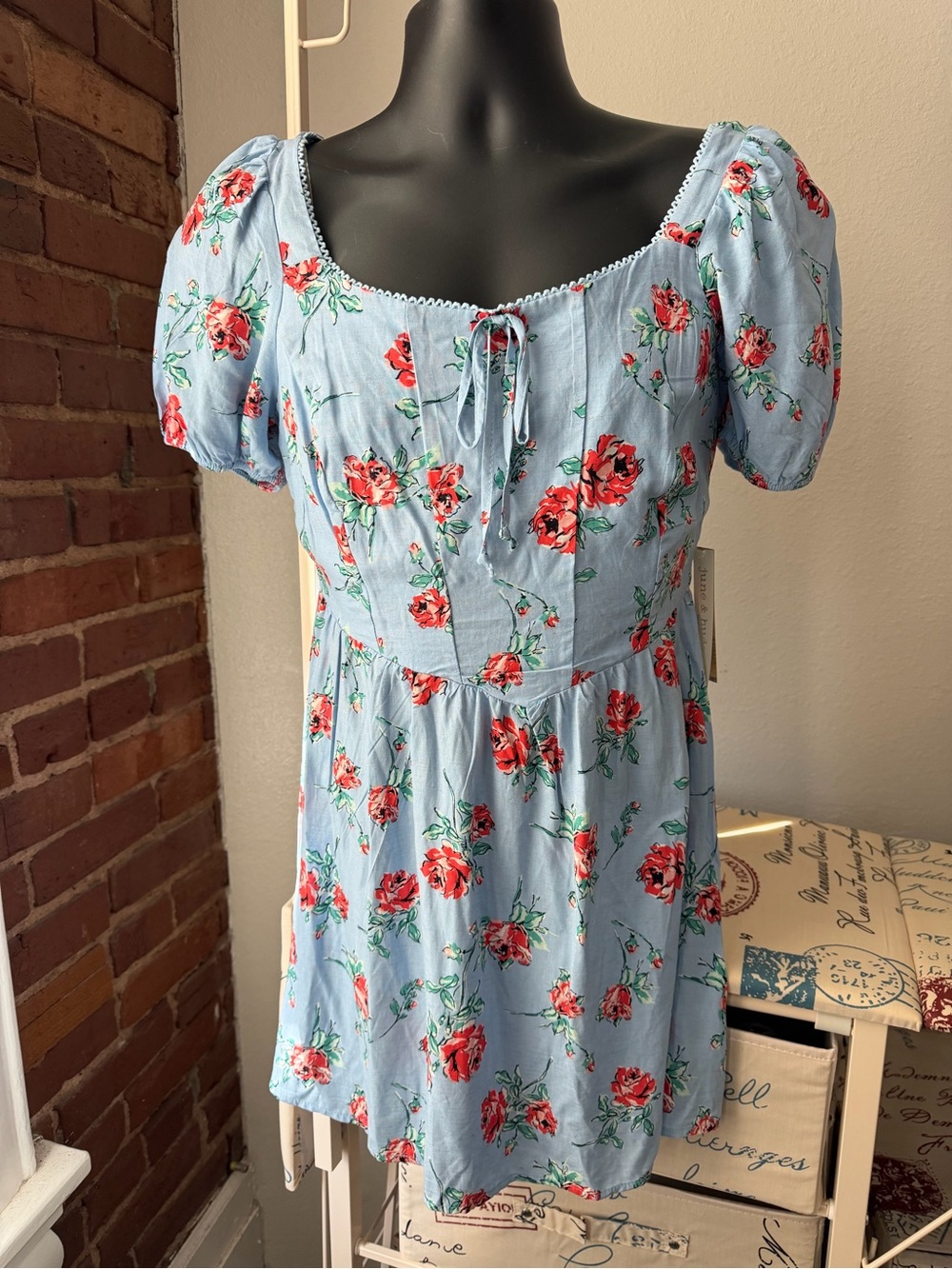 june & hudson Light Blue Floral Puff-Sleeve Mini Dress